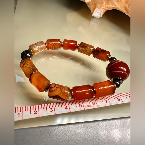STRIPED AGATE + HAEMACHATES NATURAL STONES BRACELET size 7” - Picture 10 of 12